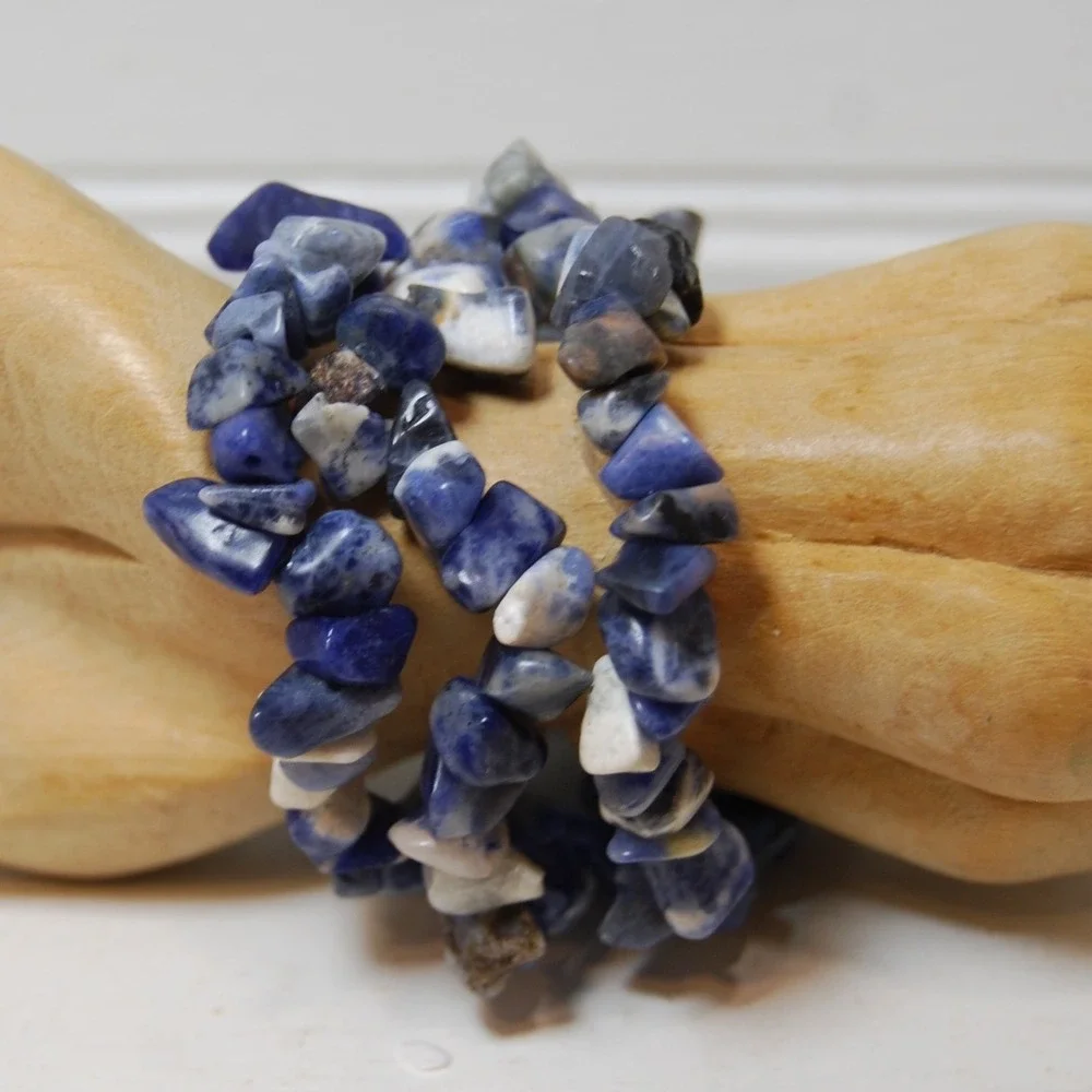 Vintage Blue Sodalite gemstone bracelets 3‎ elastic stretch bands jewelry Hippie